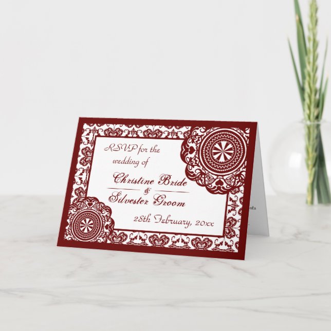 Dentelle rouge arabesque, carte RSVP (Devant)