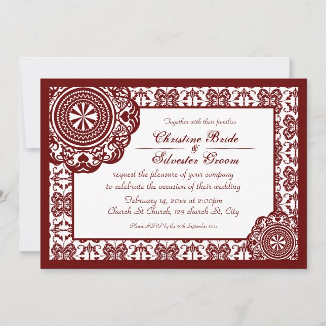 Dentelle rouge arabesque, invitation de mariage 5x (Devant)