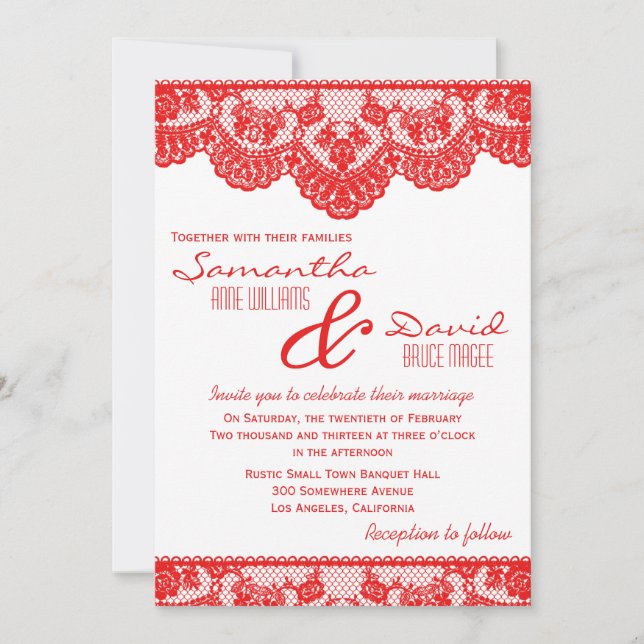 Dentelle rouge et Faire-part de mariage blanc (Devant)