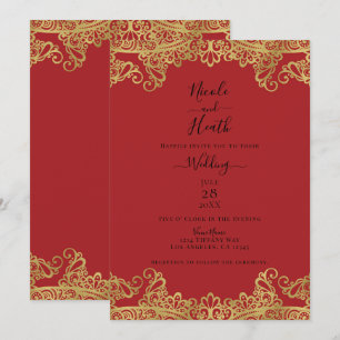 Dentelle rouge & or Elégante invitation de mariage