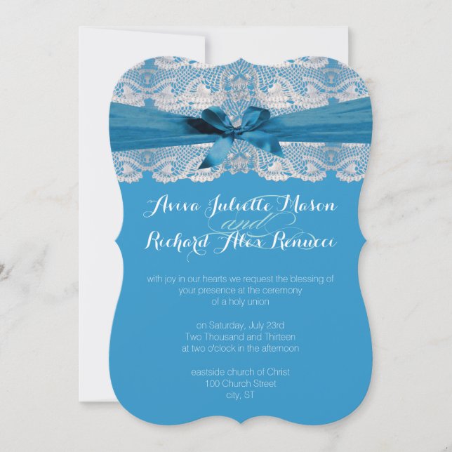 Dentelle Rustique Bleue Mariage Invitations (Devant)