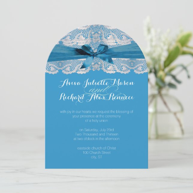 Dentelle Rustique Bleue Mariage Invitations (Debout devant)