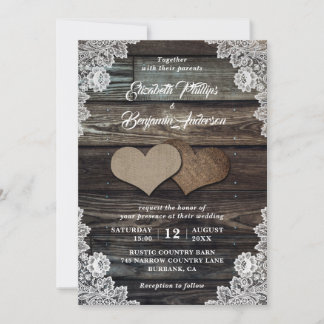 Dentelle Rustique Burlap Coeurs Mariage Invitation