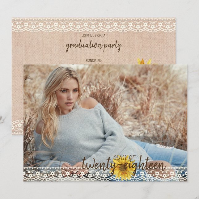 Dentelle rustique & Burlap Sunflower Carte de grad (Devant / Derrière)