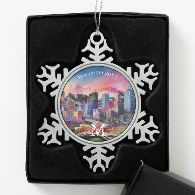 Denver Skyline Snowflake Pewer Noël ornement (Boîte)