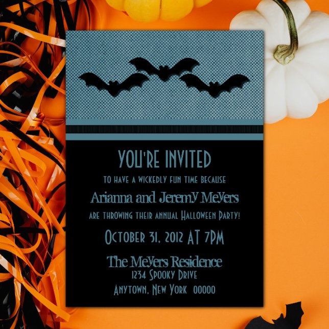 Déplaisant Bats Halloween Invitation de la fête, B (Creepy Bats Halloween Party Invite - Dark Blue)
