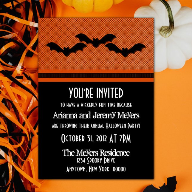 Déplaisant Bats Halloween Invitation de la fête, O (Creepy Bats Halloween Party Invite - Orange)
