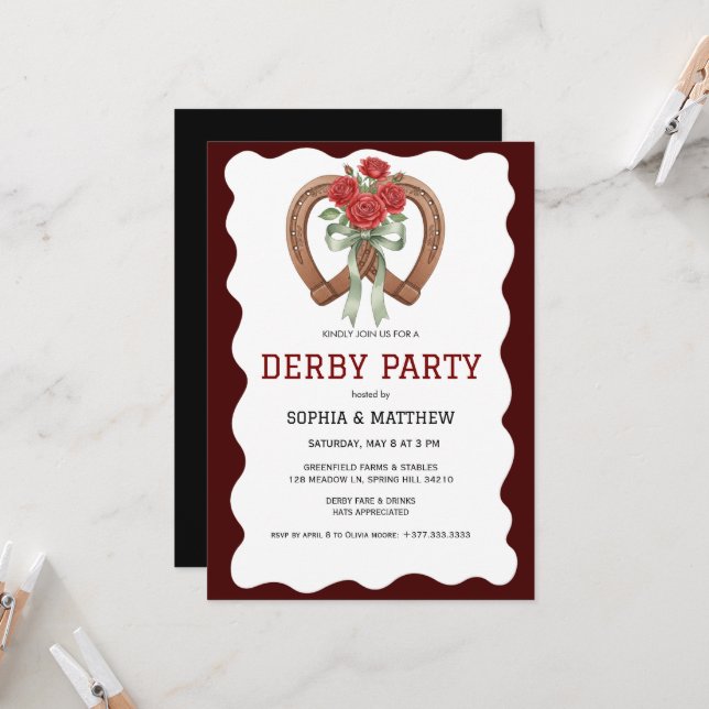 Derby Party Invitation Rustic Horseshoe Roses (Devant/Arrière en situation)