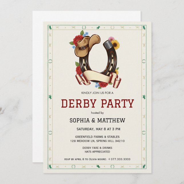 Derby Party Invitation Vintage Horse Race Card (Devant / Derrière)
