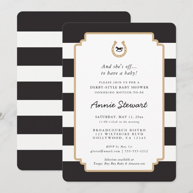 Derby Style Baby shower Invitation Horseshoe (Devant / Derrière)