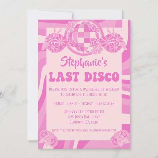 Dernière disco rose Retro Bachelorette Invitation (Devant)
