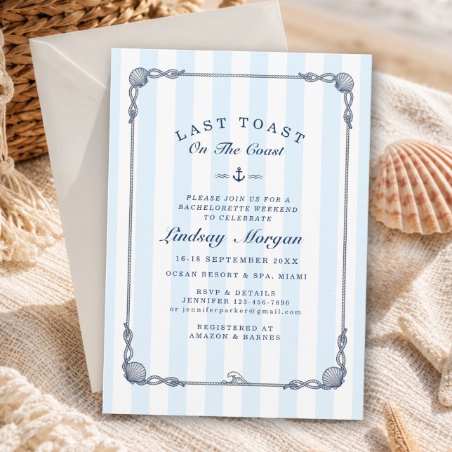 Dernière Toast sur la Côte ! Invitation rayée pour (Last Toast on the Coast! Bachelorette Stripe Invitation)