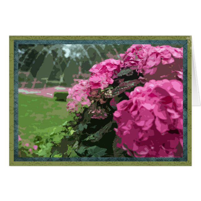 Des hortensias roses dans un jardin formel (Devant horizontal)