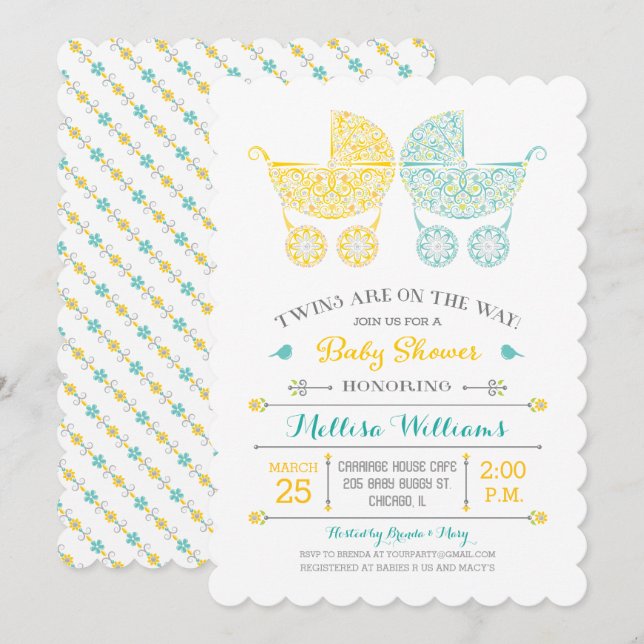 Des jumeaux en route ! Invitation à la baby shower (Devant / Derrière)