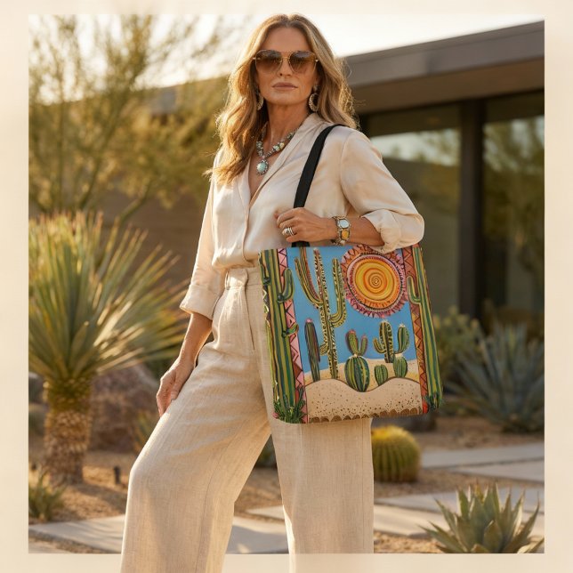 Desert Cactus Tote Bag with Colorful Sun and Geome (Créateur téléchargé)