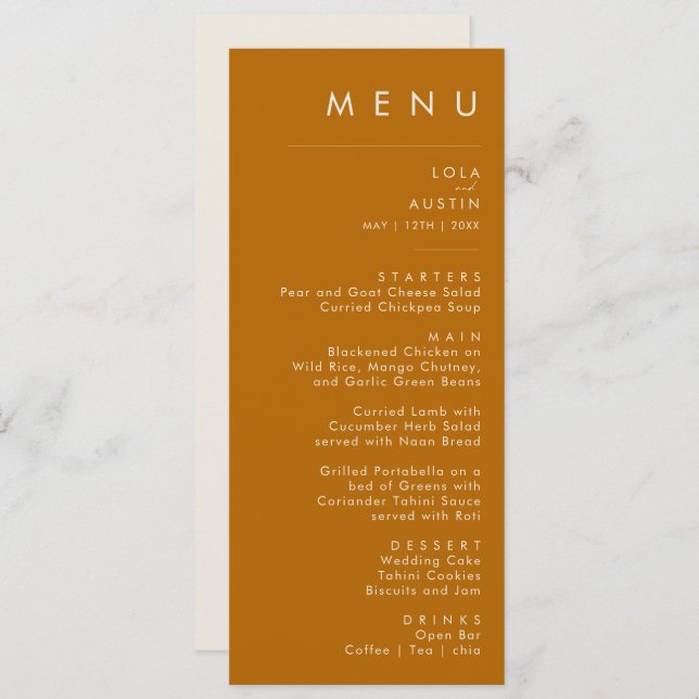 Désert simple | Burange Orange Mariage Menu Dîner (Devant / Derrière)