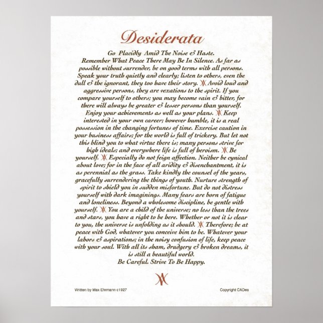 DESIDERATA Poster Max Ehrmann BEAUCOUP DE TAILLES (Devant)