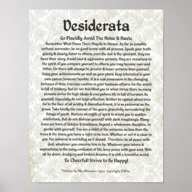 DESIDERATA Poster Max Ehrmann Calligraphie médiéva (Devant)