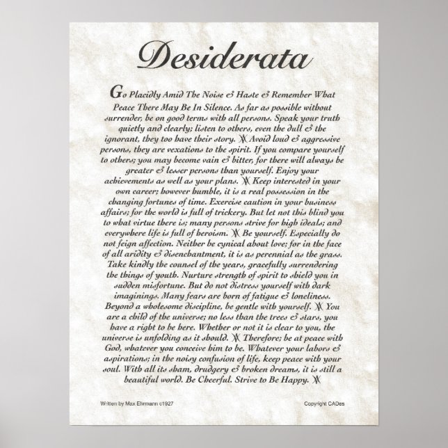DESIDERATA Poster par Max Ehrmann DE NOMBREUSES TA (Devant)