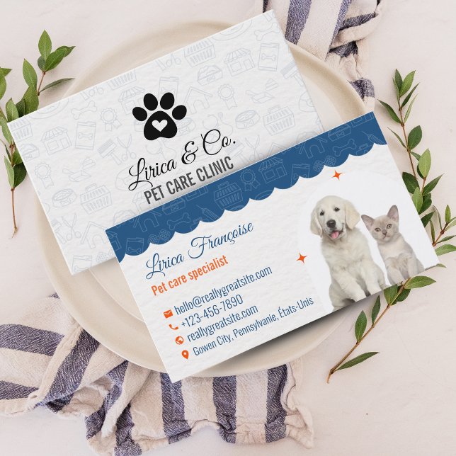 Design Carte de visite de la clinique de soins pou (White & Blue Pet Care Clinic Business Card Design)