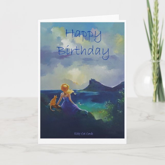 Design de carte d'anniversaire de fille et de chat (Devant)