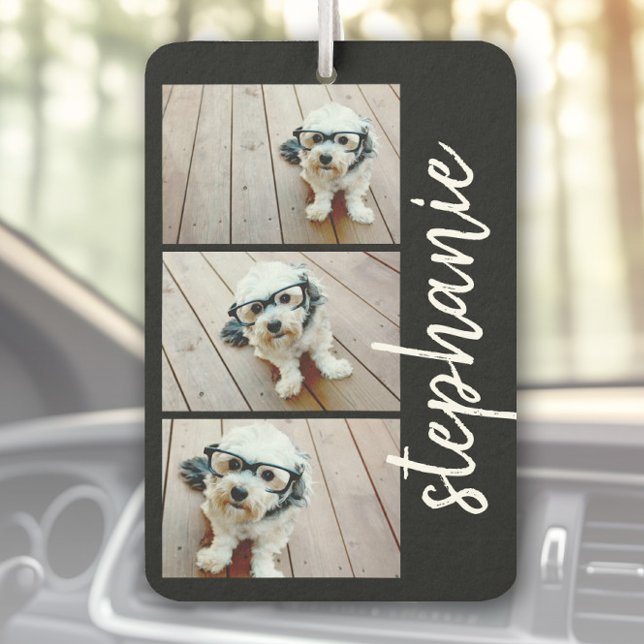 Désodorisant Pour Voiture 3 Photos tendance noir & blanc nom de script moder (Custom Air Freshener with Photo Collage)