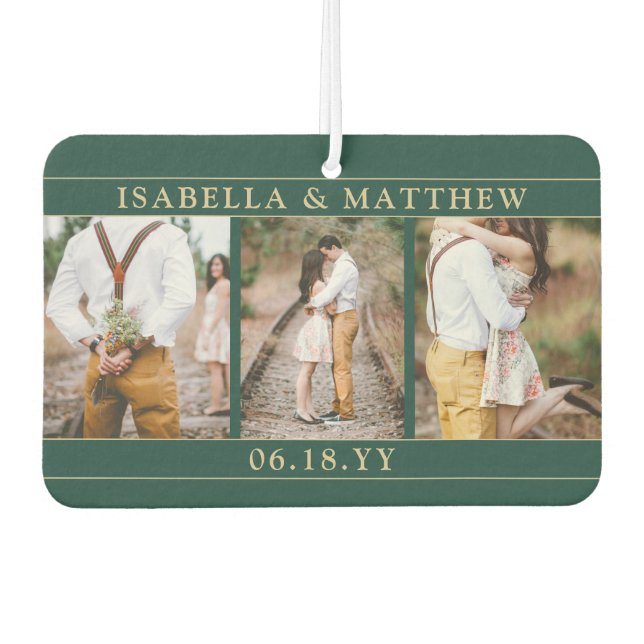 Désodorisant Pour Voiture 4 Photo Mariage Collage Elegant Green & Gold Heart (Devant)