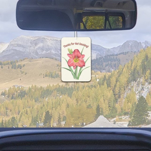 Désodorisant Pour Voiture Art Botanique Rouge Daylily Personnalisé (Red Daylily Flower Botanical Art Design Customizeable Air Freshener for Car or Home)