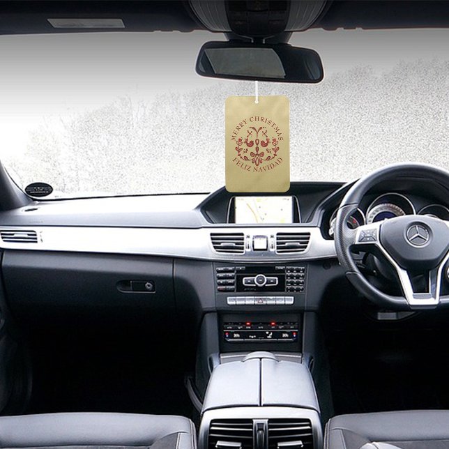 Désodorisant Pour Voiture Bilingue Noël Espagnol Or Bourgogne Oiseaux (Bungurdy Birds Christmas Bilingual Spanish Air freshener, custom text. Multilingual Project)