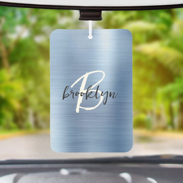 Désodorisant Pour Voiture Blue Brushed Metal Black White Script Monogram  (Créateur téléchargé)