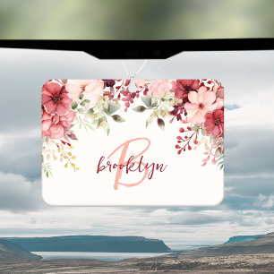 Désodorisant Pour Voiture Blush Rose Bourgogne Floral Monogramme Script