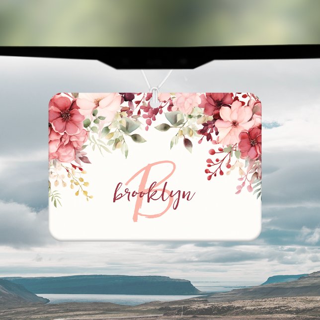 Désodorisant Pour Voiture Blush Rose Bourgogne Floral Monogramme Script (Créateur téléchargé)