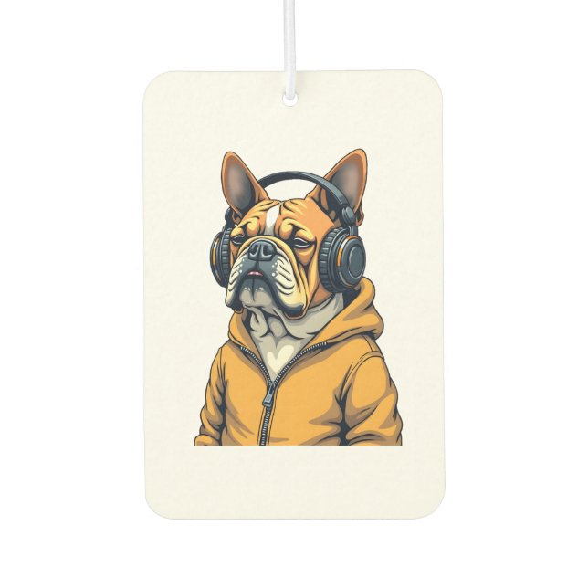 Désodorisant Pour Voiture Bouledogue vintage avec écouteurs portant un sweat (Devant)