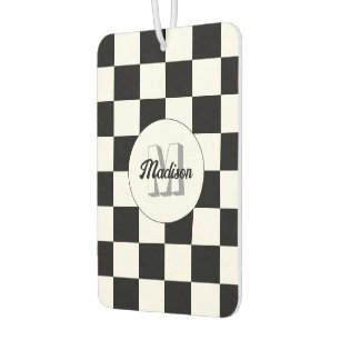 Désodorisant Pour Voiture Carrés à damier noir et blanc rétro Monogramme