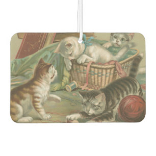 Désodorisant Pour Voiture Chatons victoriens vintage jouant dans un panier à