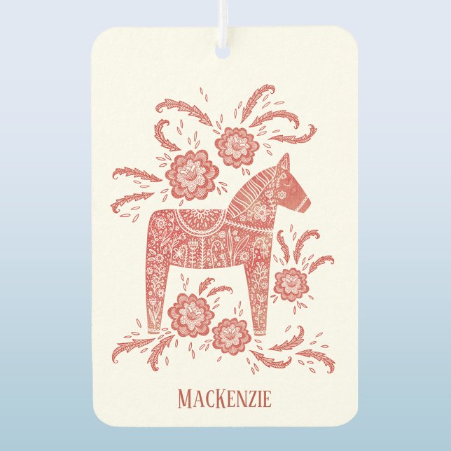 Désodorisant Pour Voiture Cheval de Dala suédois Personnalisé Rouge (Red and white Swedish Dala Horse personalized name car or vehicle air freshener)