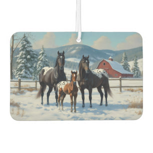 Désodorisant Pour Voiture Chevaux Appaloosa noirs sur une ferme en hiver