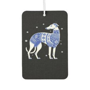 Désodorisant Pour Voiture Chien Gréhound de Noël portant un pull moche bleu