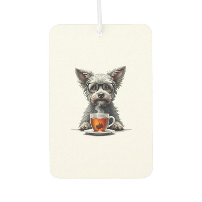 Désodorisant Pour Voiture Chien Vintage tenant une tasse de thé avec des lun (Devant)