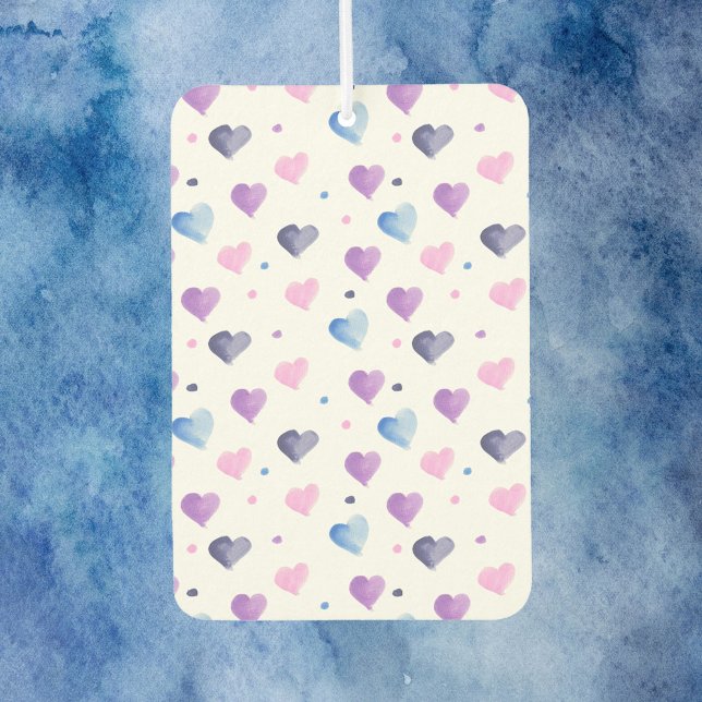Désodorisant Pour Voiture Coeurs Aquarelle Motif Bleu rose pourpre (An air freshener with a pattern of pink, blue and purple watercolor hearts & dots)