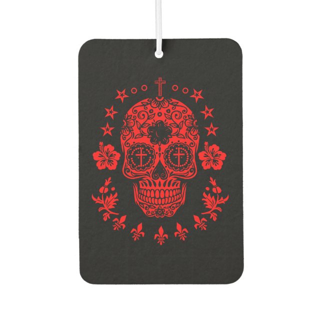 Désodorisant Pour Voiture Crâne et croix de sucre rouge avec Fleur De Lis (Devant)