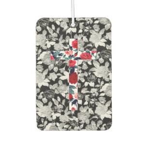 Désodorisant Pour Voiture Croix des Roses rouges & motif floral noir et blan