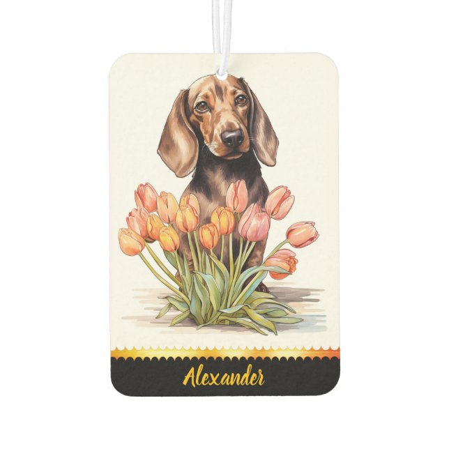 Désodorisant Pour Voiture Cute Dachshund avec tulipes apportant la joie à l' (Dos)