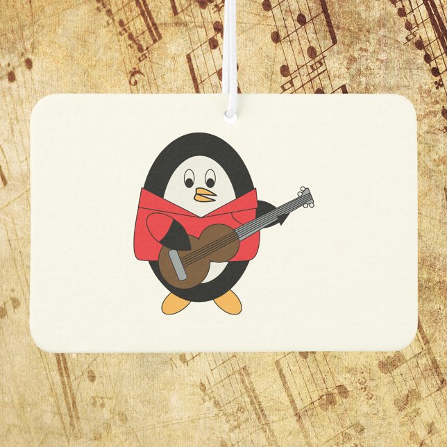 Désodorisant Pour Voiture Cute guitariste pingouin (A cute air freshener with a penguin playing the guitar.)