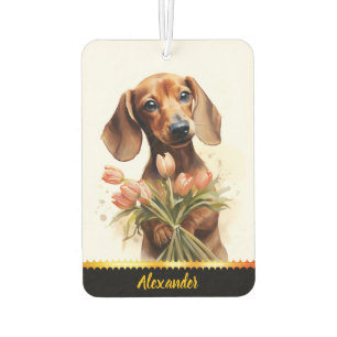 Désodorisant Pour Voiture Dachshund avec tulipes dans le jardin ensoleillé,