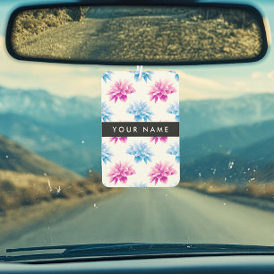 Désodorisant Pour Voiture Dahlia rose et bleu, motif floral, Votre nom