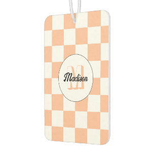 Désodorisant Pour Voiture Damier pêche blanc géométrique rétro Monogramme
