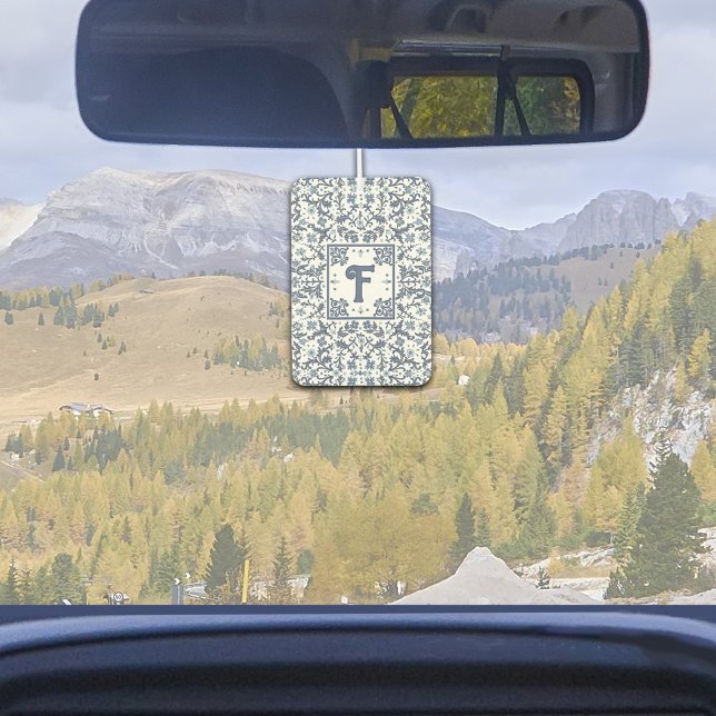 Désodorisant Pour Voiture Denim Blue Fancy Graphic Floral Personnalisé (Personalized Initial Denim Fancy Floral Graphic design car or home air freshener)