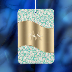 Désodorisant Pour Voiture Diamants de Glam sur Turquoise, Monogramme Or, Nom
