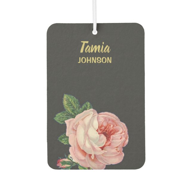 Désodorisant Pour Voiture Fleur rose nom personnalisé gris (Devant)
